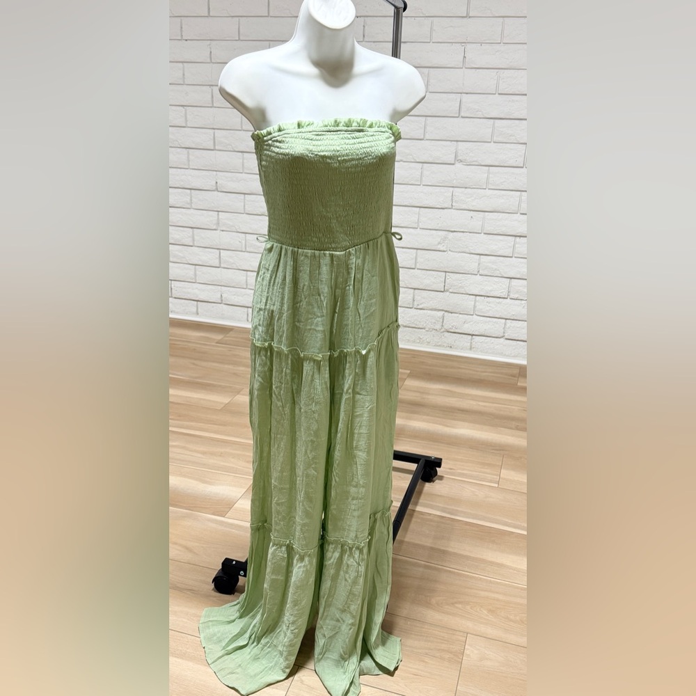 Love Tree Strapless Sage Green Tiered Maxi Dress